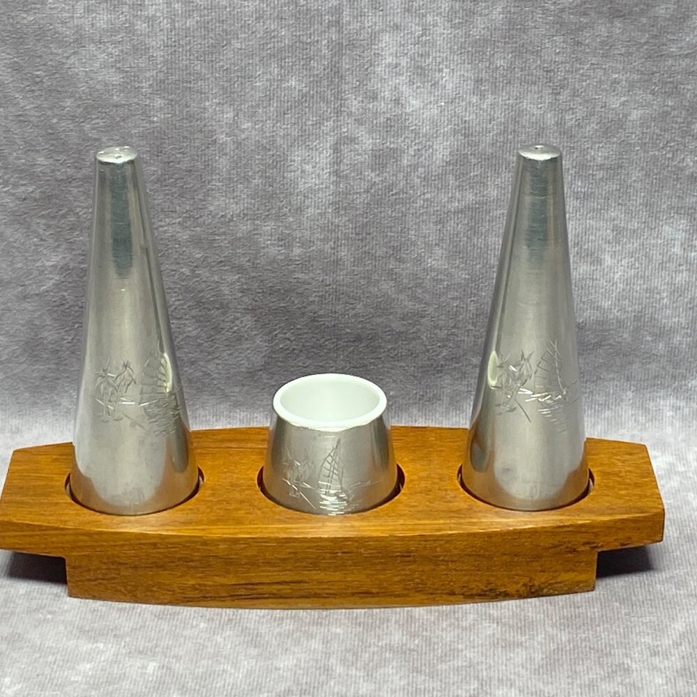Vintage Selangor Pewter 4PC Salt & Pepper Shakers Mustard Pot on Teak Wood